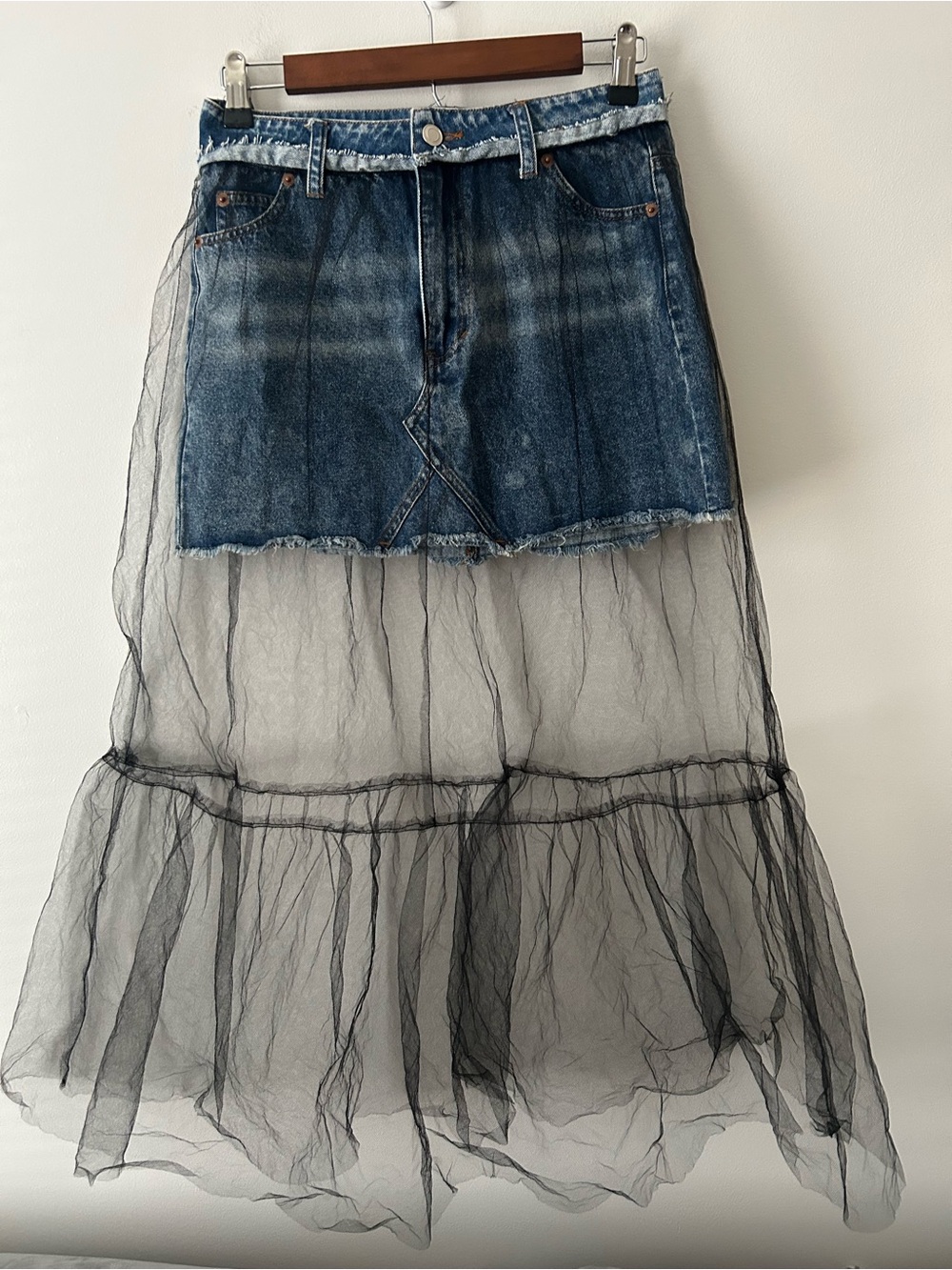 Re:Named denim mini skirt with tulle overlay S NWT
